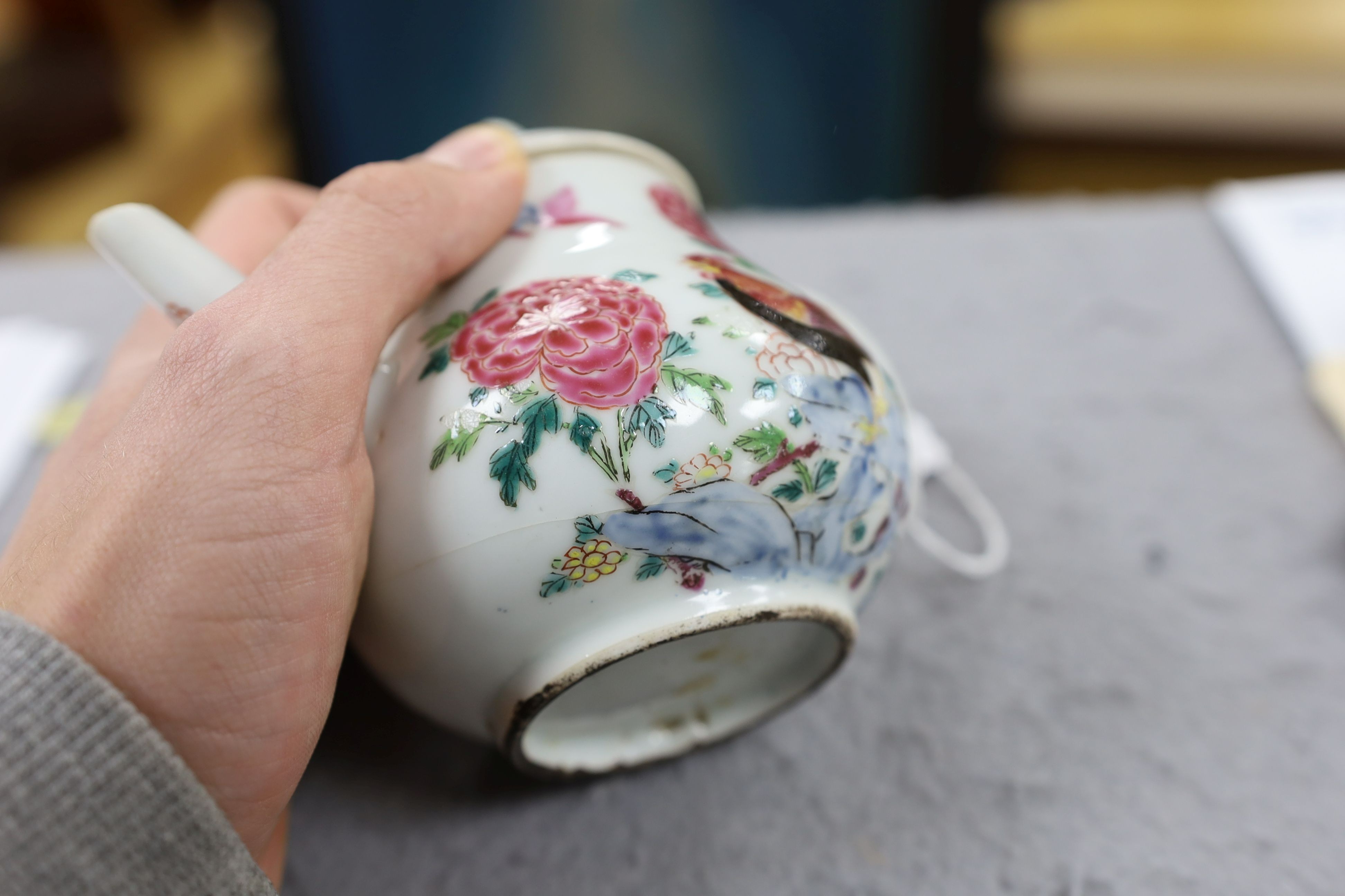 A Chinese famille rose ‘cockerel’ teapot, Yongzheng period, 12 cms high, 11.5cm high